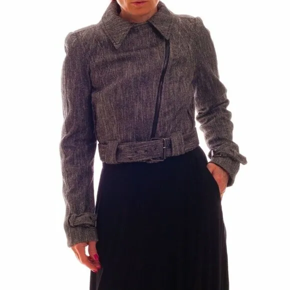 Bebe 4 Cropped Wool Moto Blazer Jacket Herringbone Belted Black/White Buckle