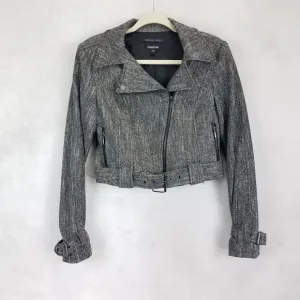 Bebe 4 Cropped Wool Moto Blazer Jacket Herringbone Belted Black/White Buckle