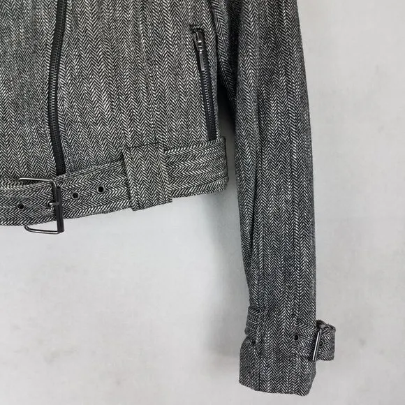 Bebe 4 Cropped Wool Moto Blazer Jacket Herringbone Belted Black/White Buckle