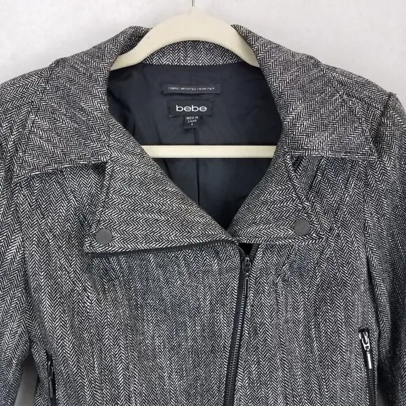 Bebe 4 Cropped Wool Moto Blazer Jacket Herringbone Belted Black/White Buckle