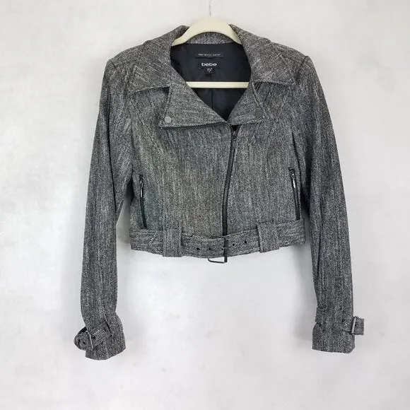 Bebe 4 Cropped Wool Moto Blazer Jacket Herringbone Belted Black/White Buckle