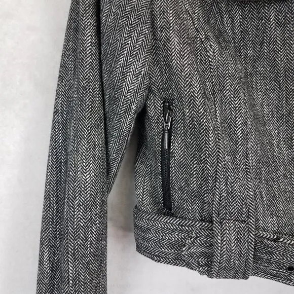 Bebe 4 Cropped Wool Moto Blazer Jacket Herringbone Belted Black/White Buckle