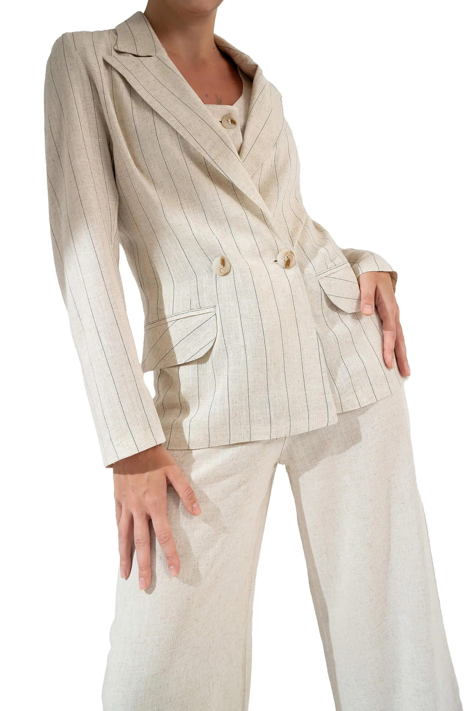 Beige Striped Linen Suit