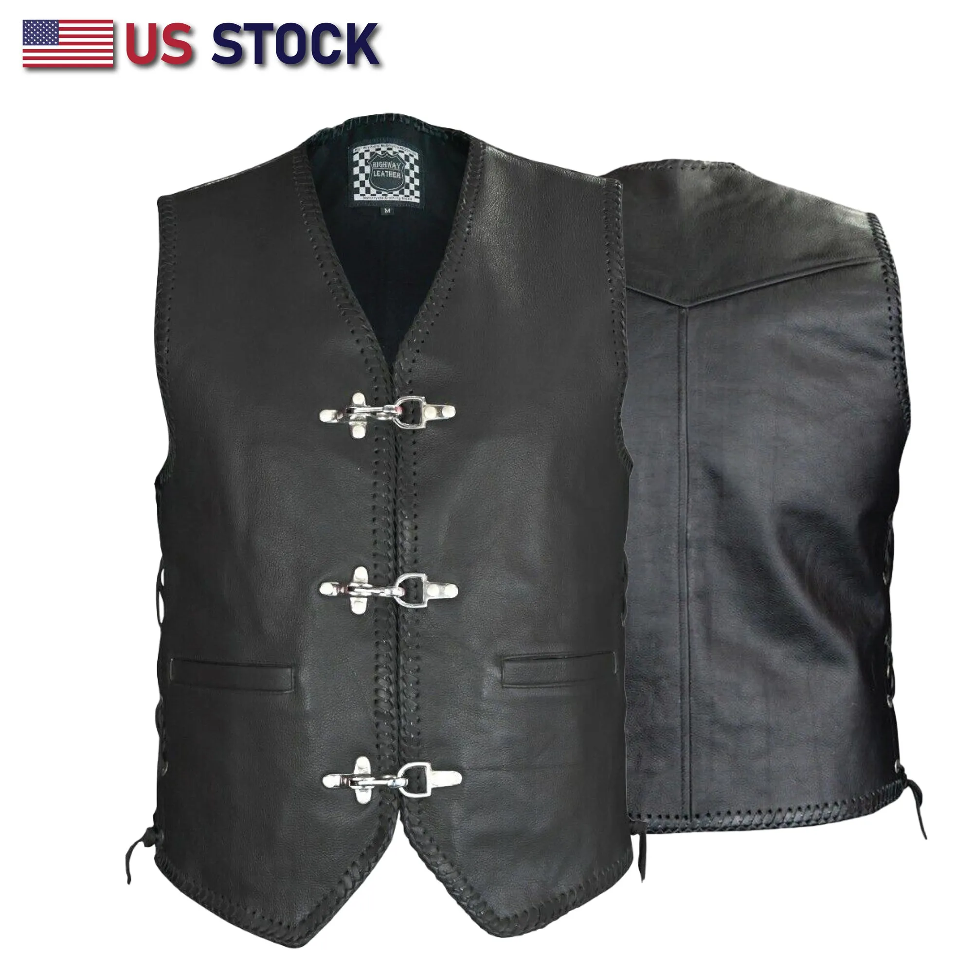 BLACK HL11650BLACK Heavy Metal Rocker Braid Waistcoat Motorcycle Vest Buckle