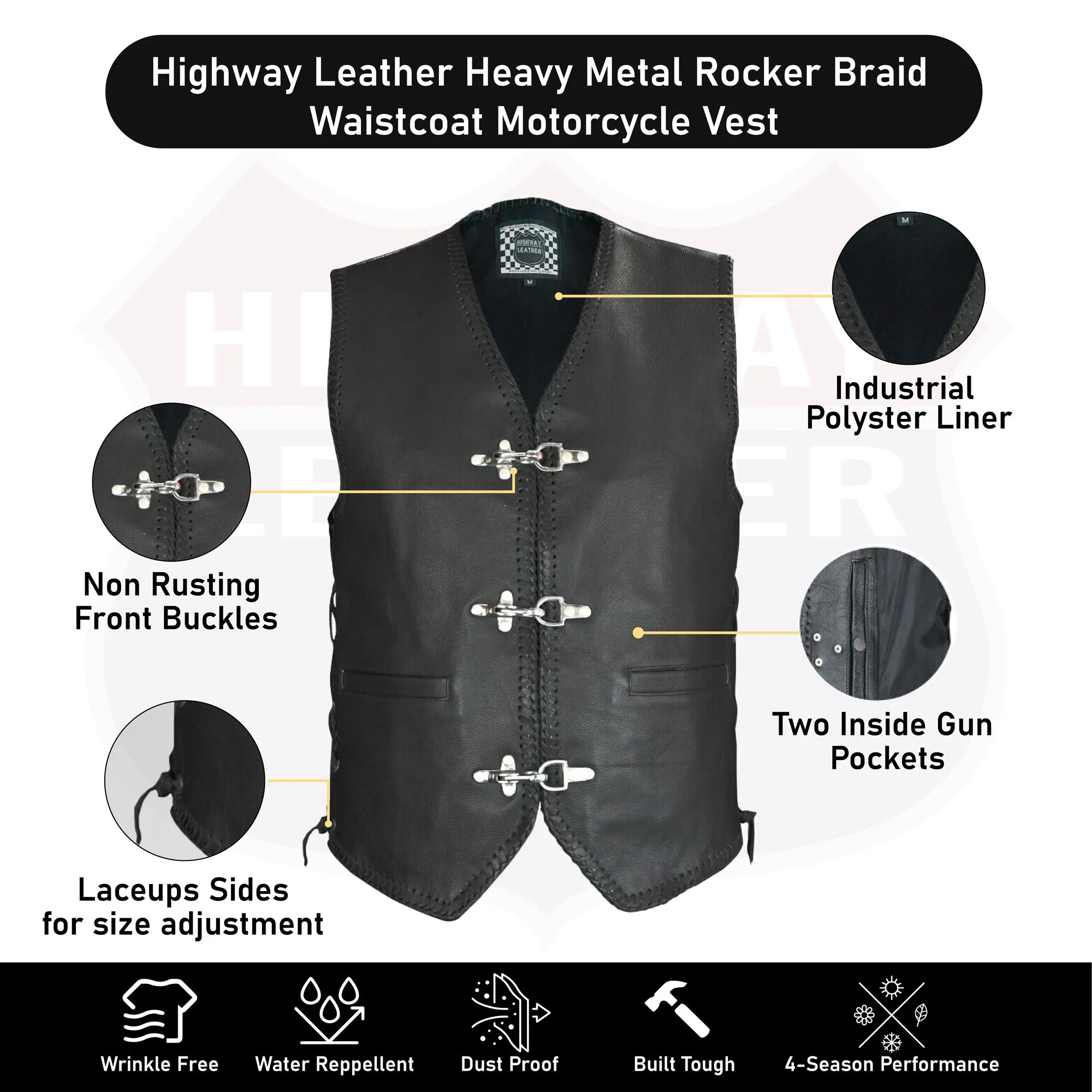 BLACK HL11650BLACK Heavy Metal Rocker Braid Waistcoat Motorcycle Vest Buckle