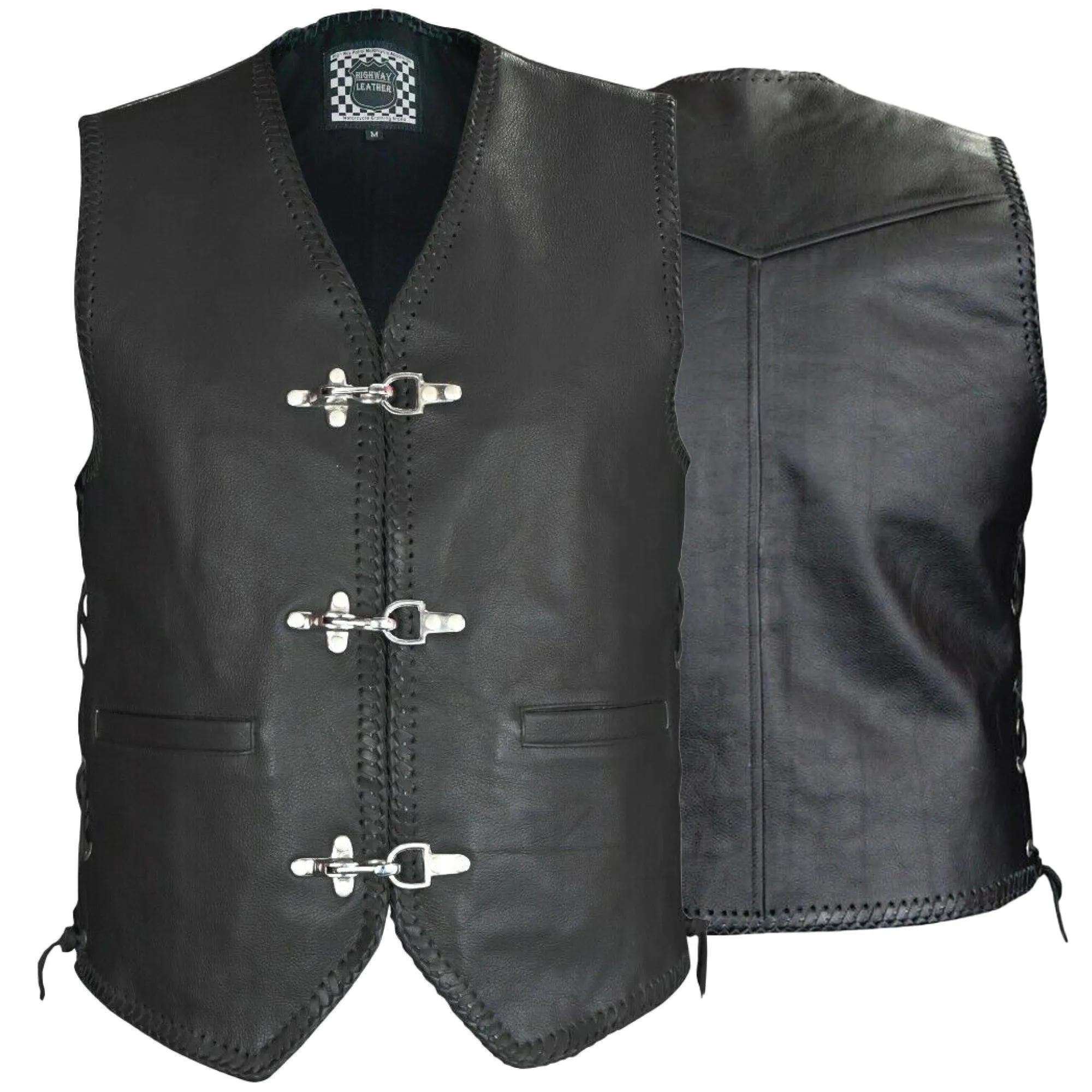 BLACK HL11650BLACK Heavy Metal Rocker Braid Waistcoat Motorcycle Vest Buckle