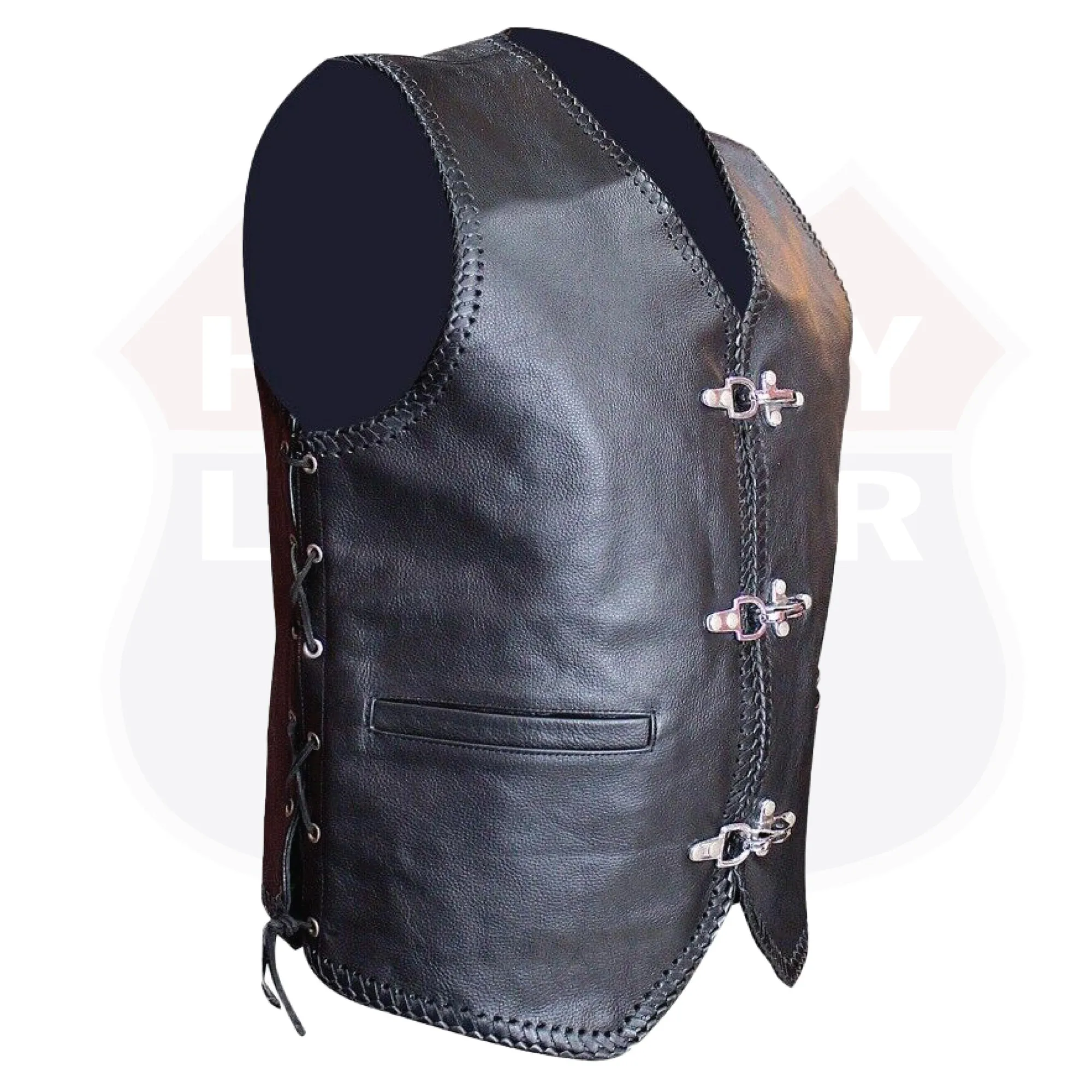 BLACK HL11650BLACK Heavy Metal Rocker Braid Waistcoat Motorcycle Vest Buckle