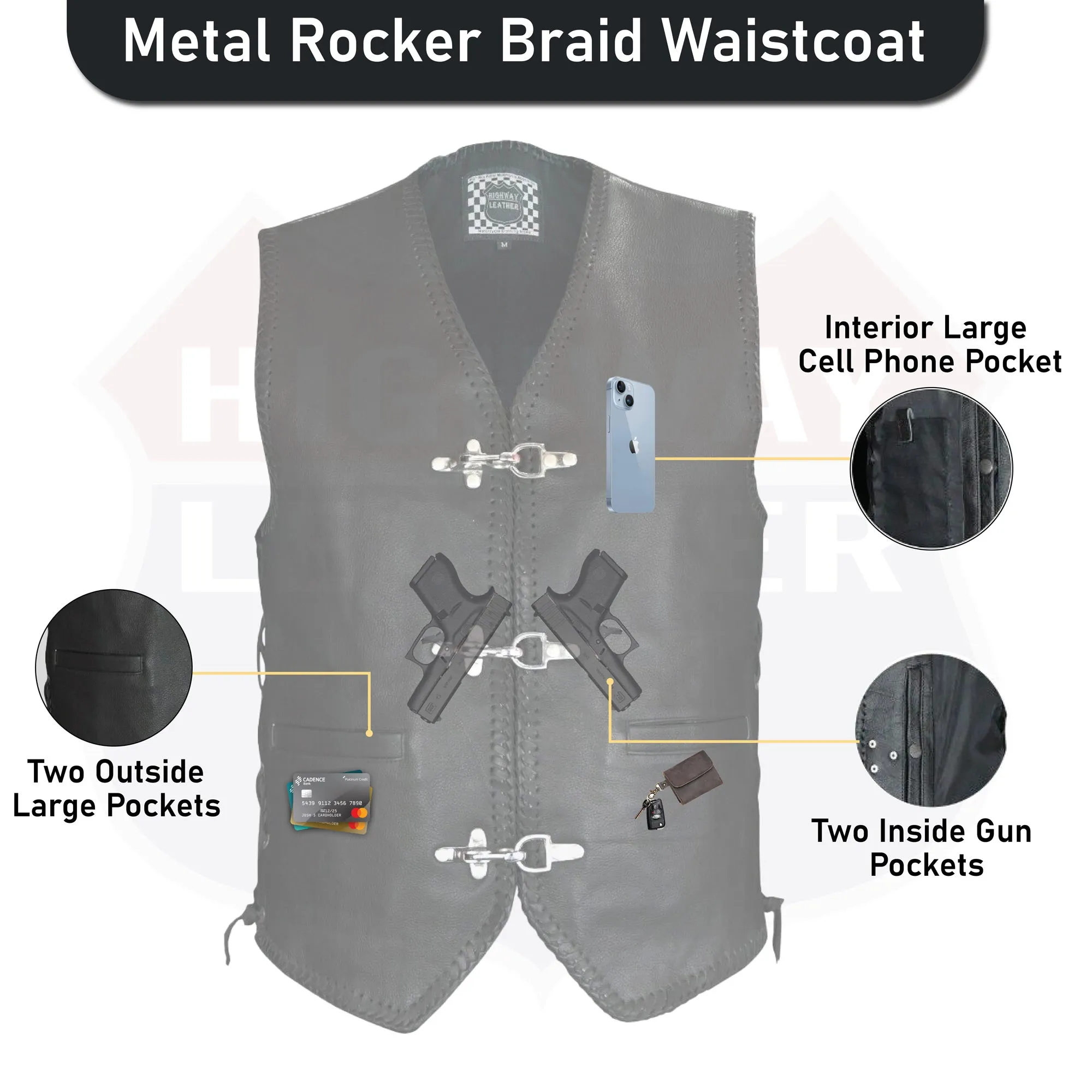 BLACK HL11650BLACK Heavy Metal Rocker Braid Waistcoat Motorcycle Vest Buckle