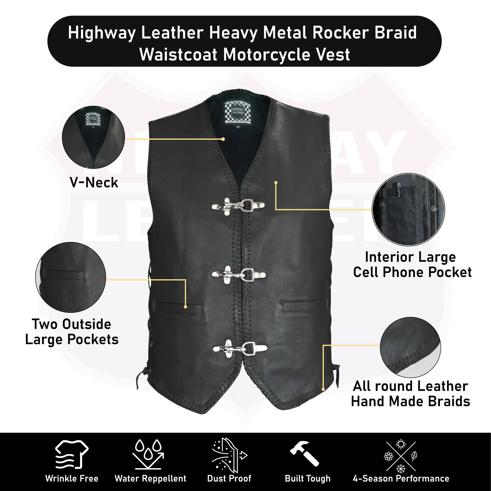 BLACK HL11650BLACK Heavy Metal Rocker Braid Waistcoat Motorcycle Vest Buckle