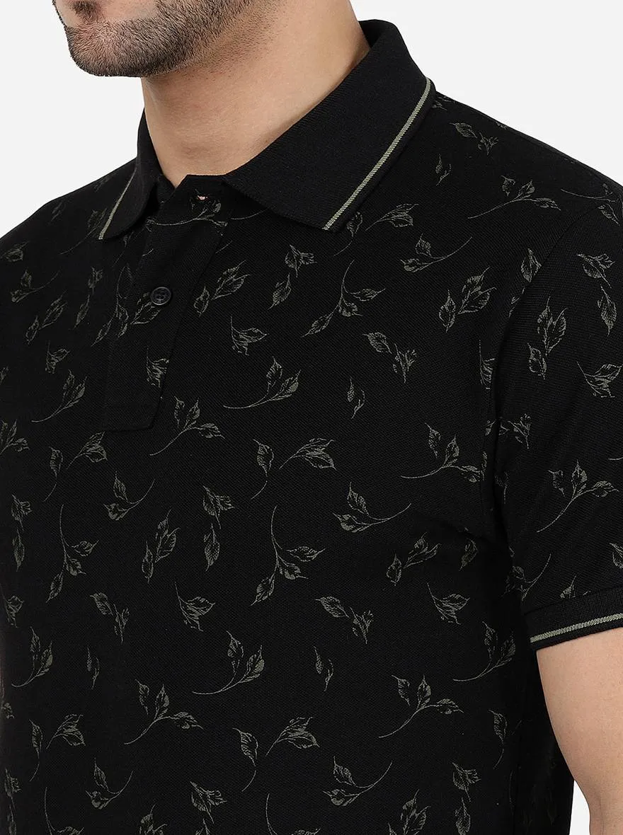 Black Printed Slim Fit Polo T-Shirt | Greenfibre