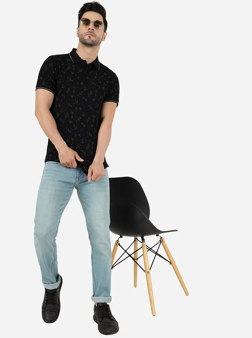 Black Printed Slim Fit Polo T-Shirt | Greenfibre