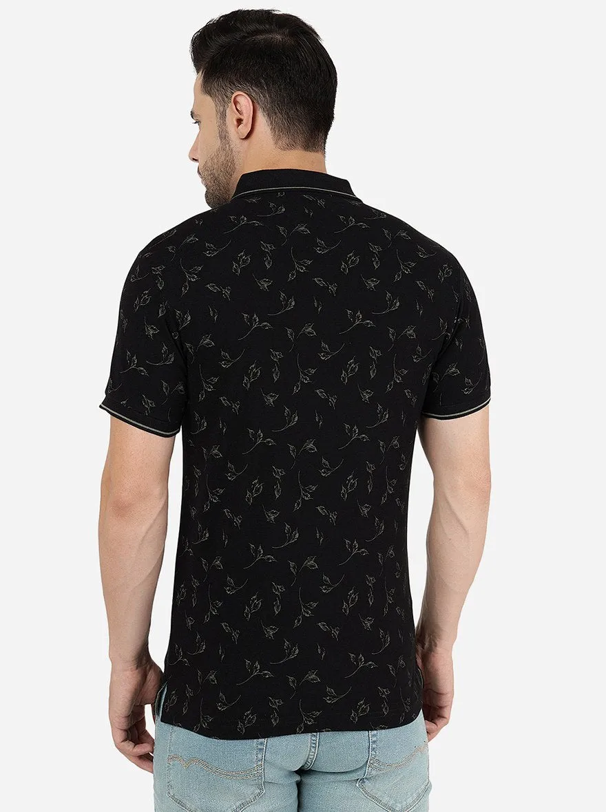 Black Printed Slim Fit Polo T-Shirt | Greenfibre