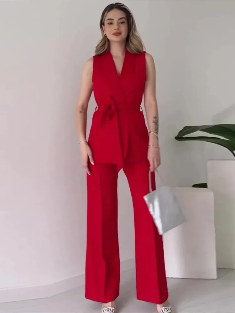 Blazer Elise™ | Women's Sleeveless Blazer Suit | Tailored Fit, V-Neck Design & High-Waisted Trousers with Belted Waist