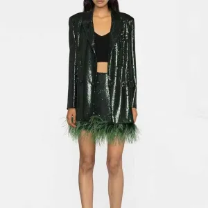 BLING BLING Long Sleeve Blazer and Shorts With Feather Suit Set Sparkly Two Piece Suit