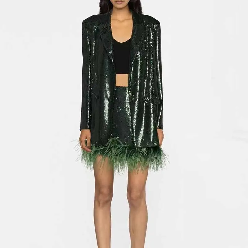 BLING BLING Long Sleeve Blazer and Shorts With Feather Suit Set Sparkly Two Piece Suit