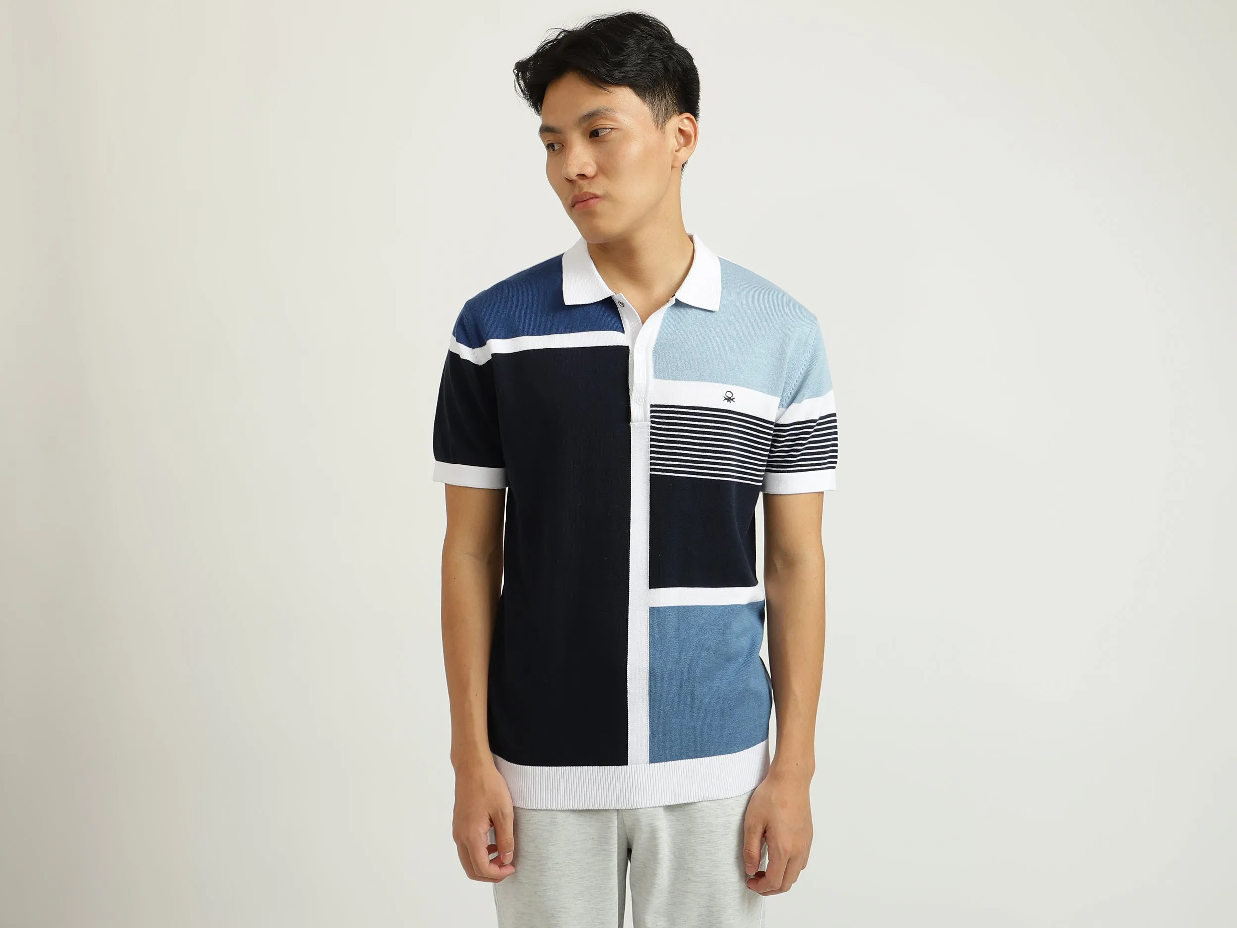 Blue Color-Blocked Polo T-Shirt