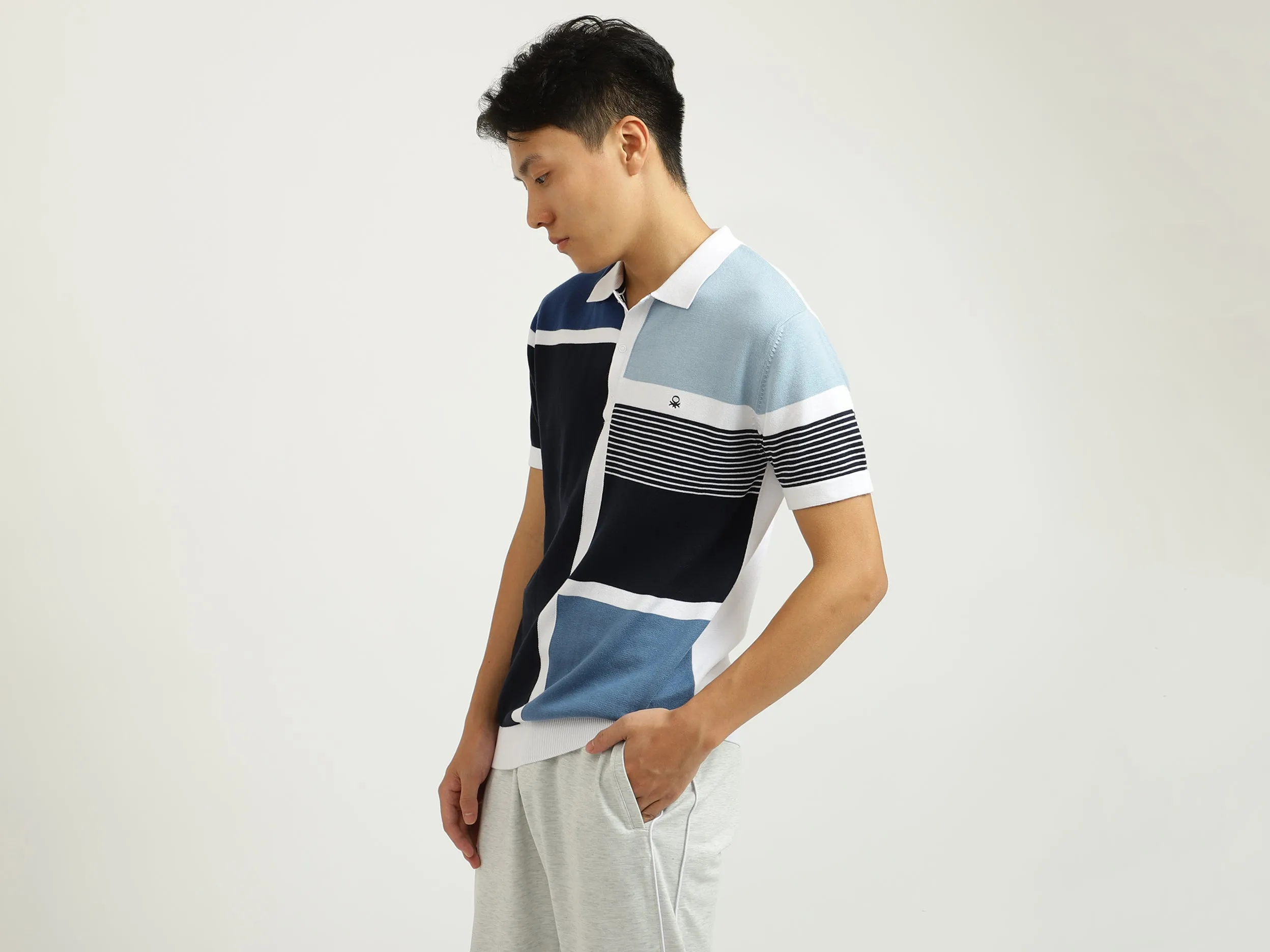 Blue Color-Blocked Polo T-Shirt