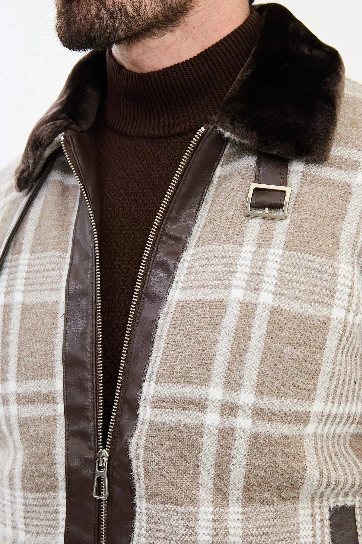 Brabion Eden Beige Fur Plaid Slim Fit Coat