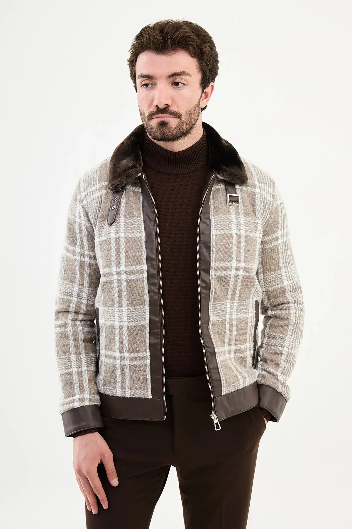 Brabion Eden Beige Fur Plaid Slim Fit Coat