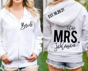 Bride Future Mrs. Engaged Honeymoon Bride To Be White Zip Up SweatShirt Personalized Hoodie