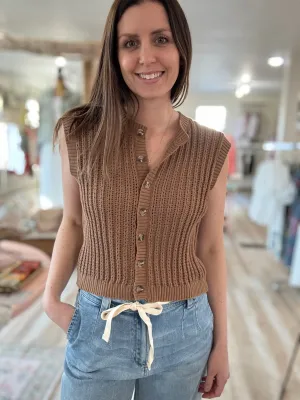 brown crochet knit button vest