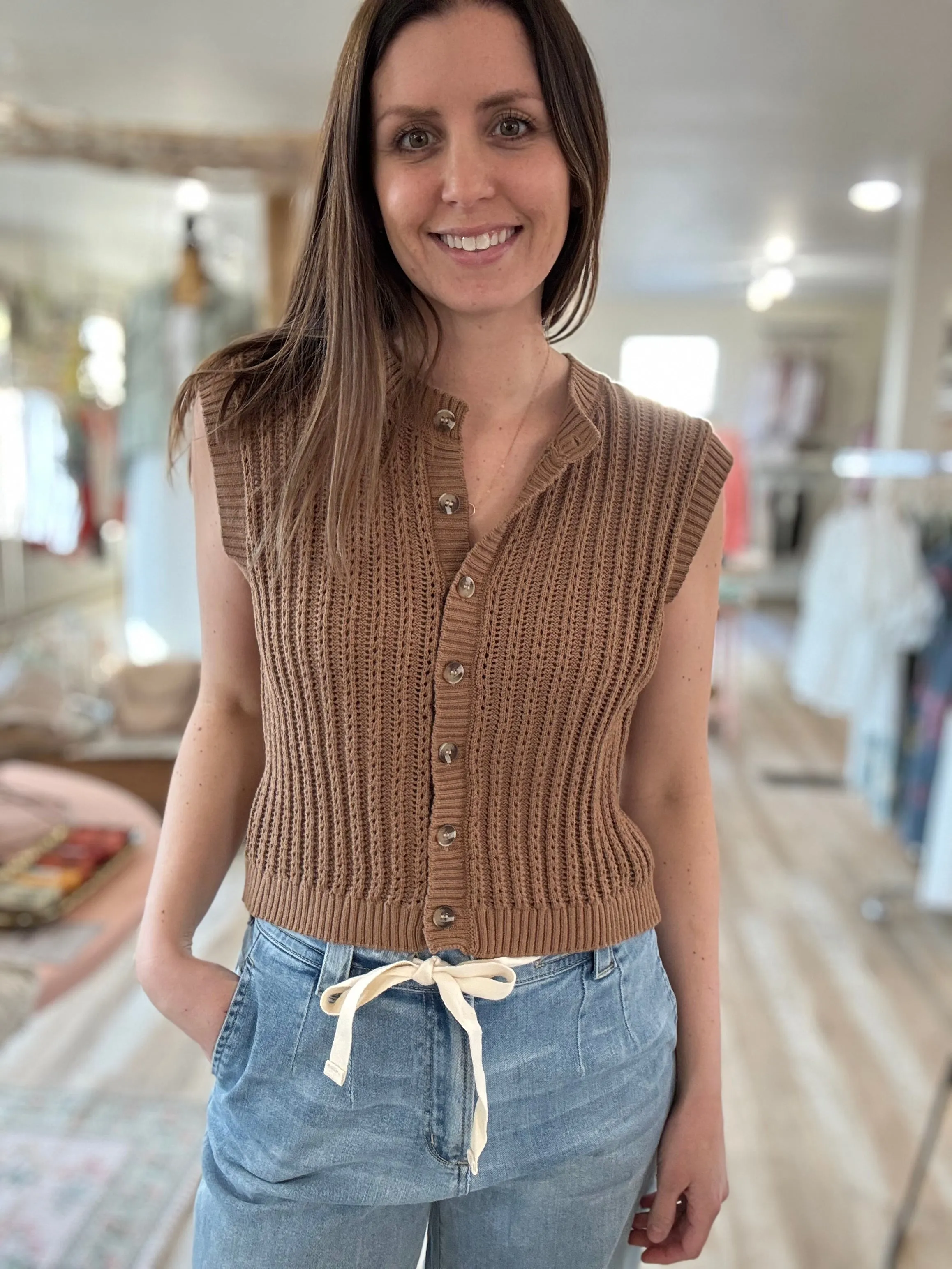 brown crochet knit button vest