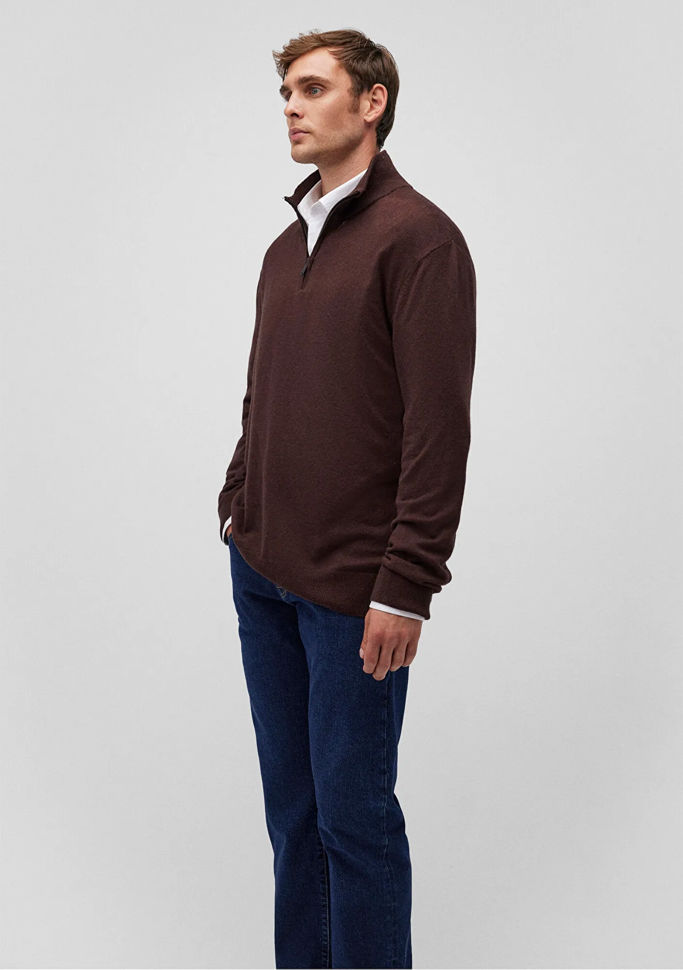 Brown Half-Zip Cashmere Blend Sweater
