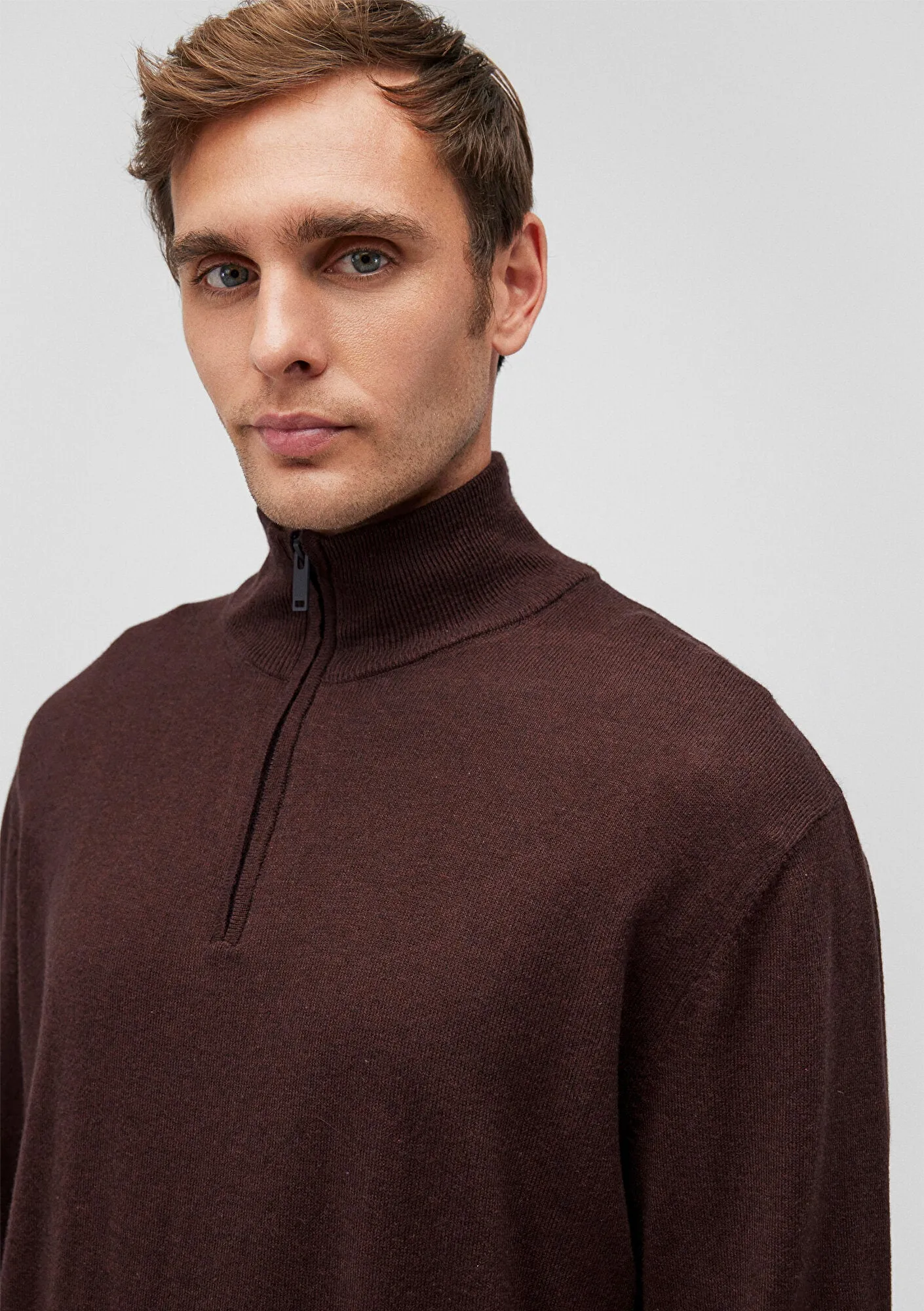 Brown Half-Zip Cashmere Blend Sweater