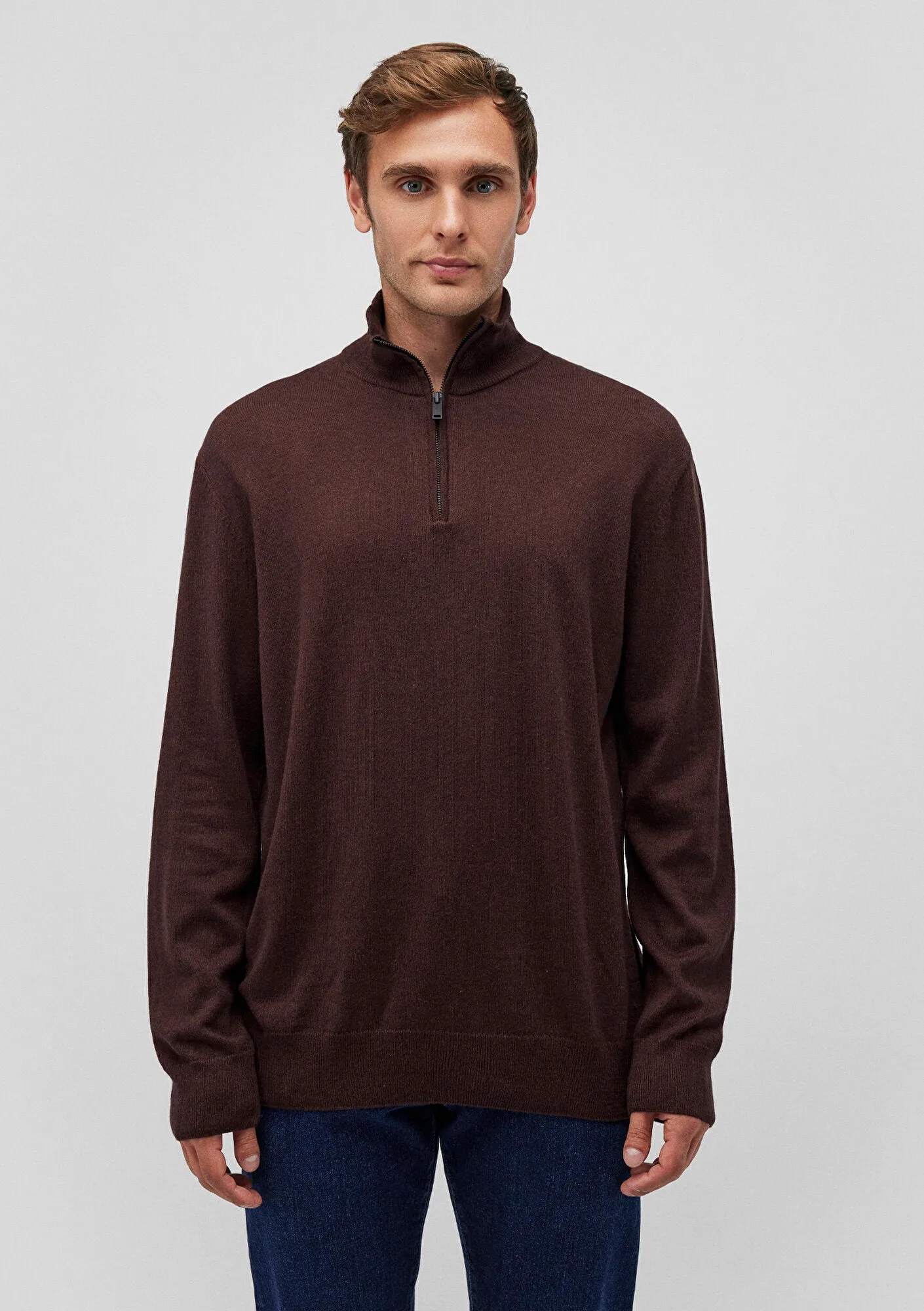 Brown Half-Zip Cashmere Blend Sweater