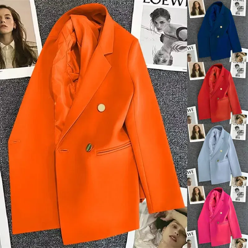 Candy Color OL™ | Women's Double-Breasted Blazer | Notched Lapel, Long Sleeve, Slim Fit with Metal Buttons & Pockets