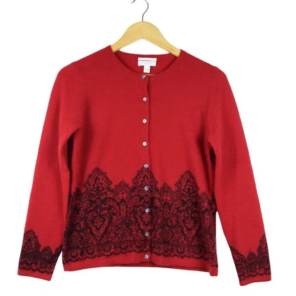 Cashmere Red &amp; Black Lace Vintage Gothic Witch Valentine Cardigan Sweater Size S