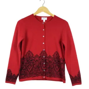 Cashmere Red &amp; Black Lace Vintage Gothic Witch Valentine Cardigan Sweater Size S