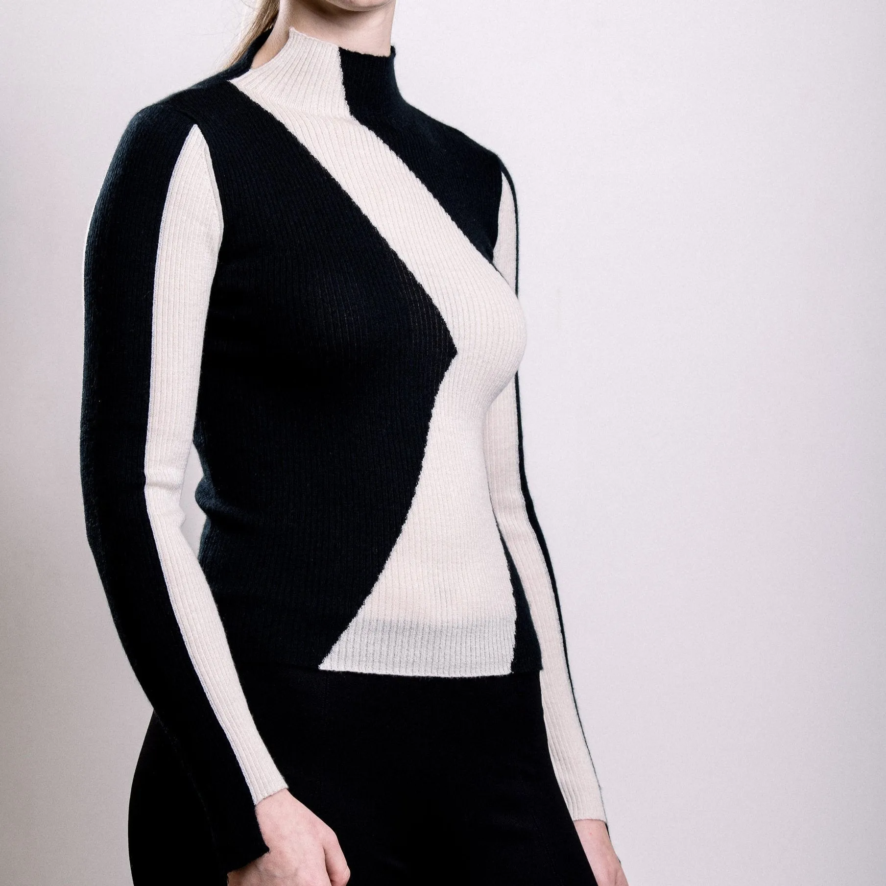 Cashmere Turtle Neck Sweater - Ivory and Black