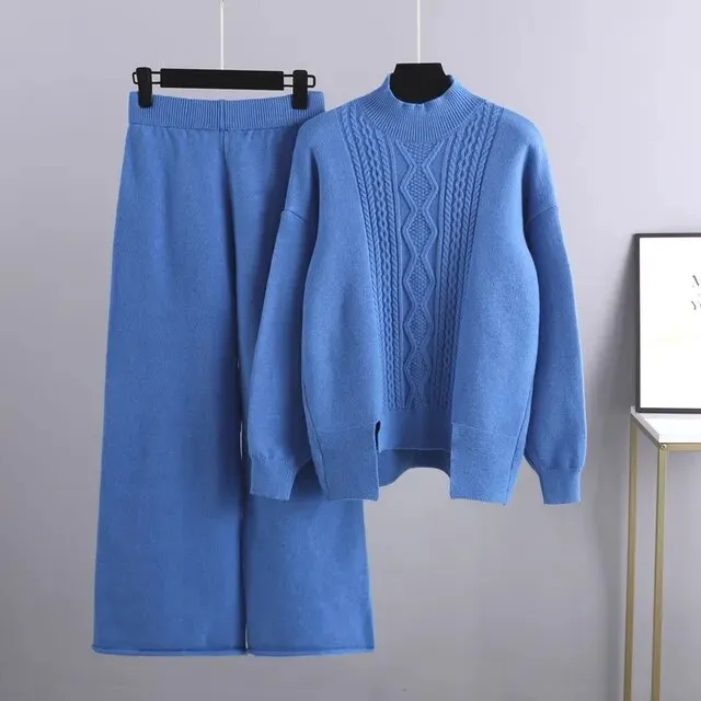 Cashmere Women Sweater Tracksuits Wide Leg Pant Suits