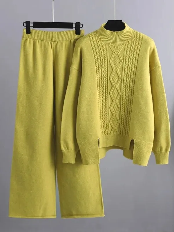 Cashmere Women Sweater Tracksuits Wide Leg Pant Suits