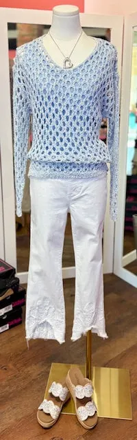CB Crochet VNeck Denim Sweater
