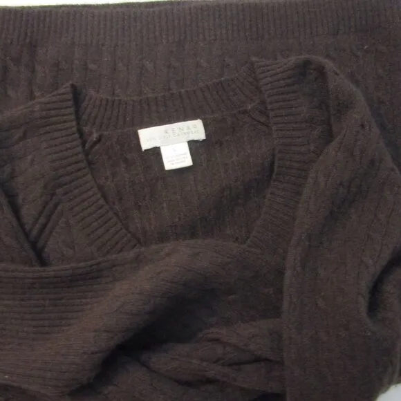 Chocolate CASHMERE Cable Pullover Knit Sweater Open Neck Cuddly