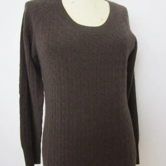 Chocolate CASHMERE Cable Pullover Knit Sweater Open Neck Cuddly