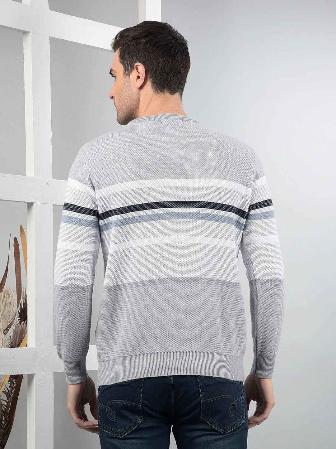 COBB LIGHT GREY SELF-DESIGN ROUND NECK SWEATER