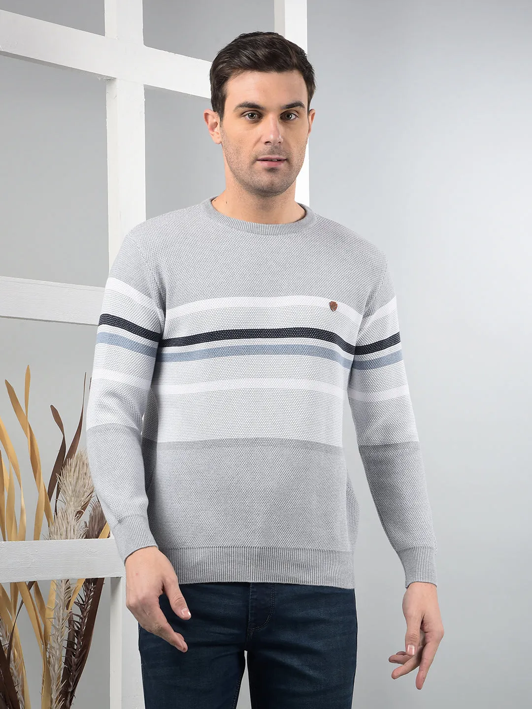 COBB LIGHT GREY SELF-DESIGN ROUND NECK SWEATER