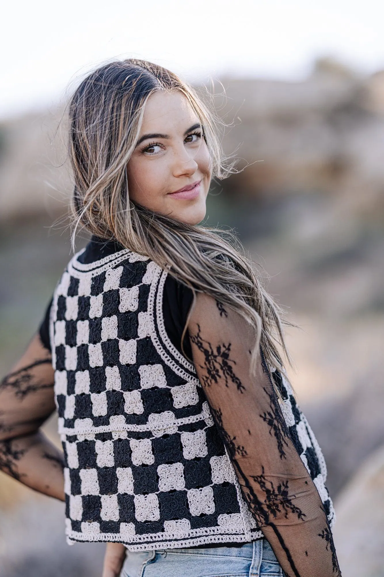Cotton Crochet Checkered Vest
