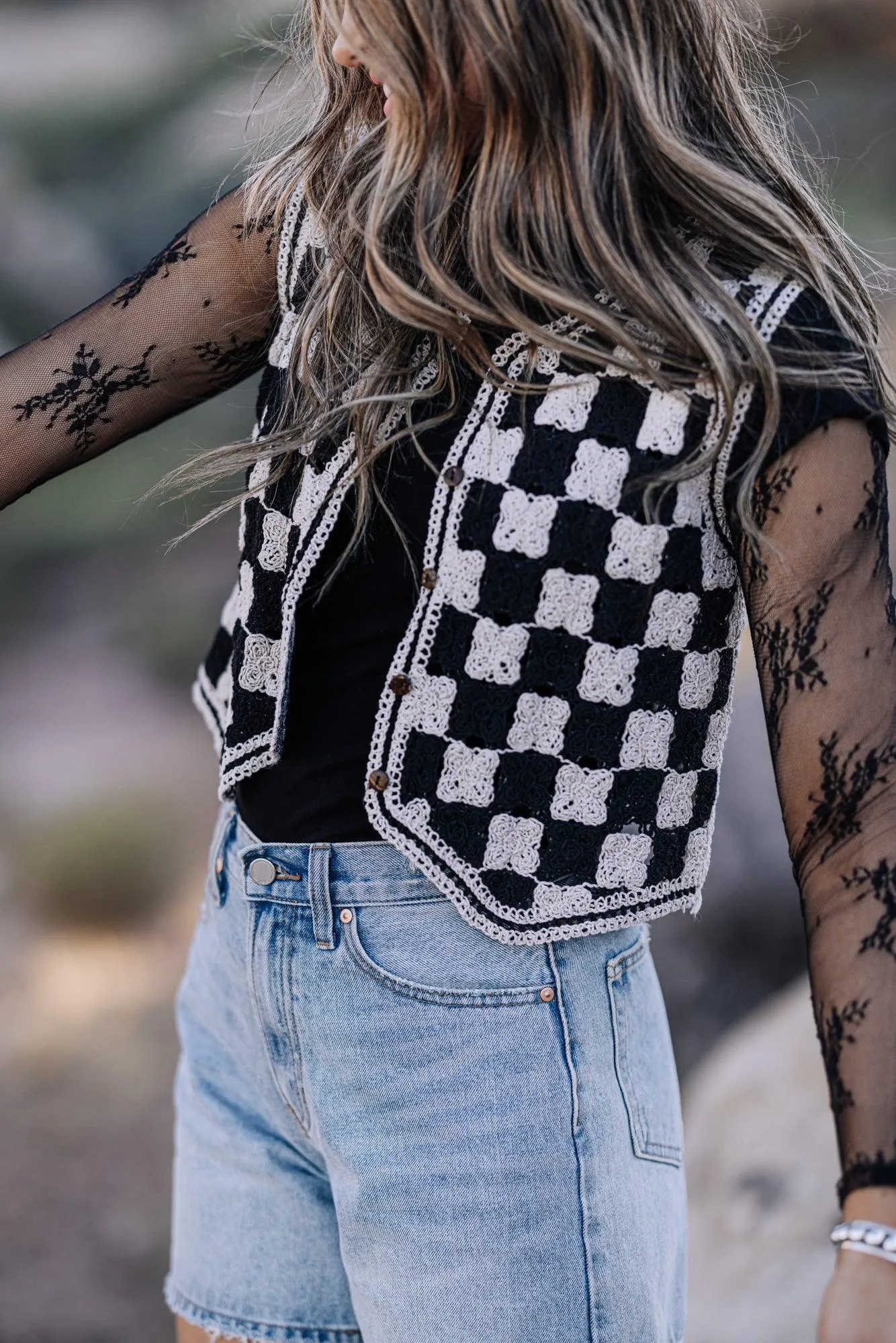 Cotton Crochet Checkered Vest