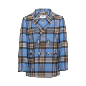 Cotton Double Breasted Blazer Tartan Plaid, Blue