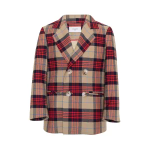 Cotton Double Breasted Blazer Tartan Plaid, Red