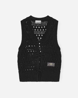 Cotton Mix Tie String Vest - Black