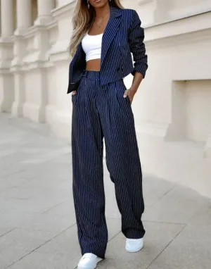 Cropped Blazer Ella™ | Women's Pinstripe Trouser Suit | Double-Breasted, Wide-Leg, High-Waist Design