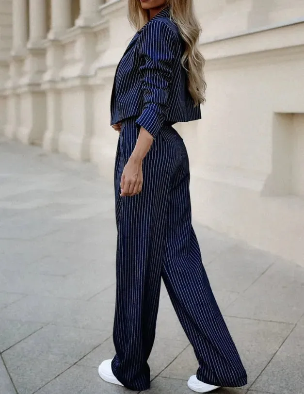 Cropped Blazer Ella™ | Women's Pinstripe Trouser Suit | Double-Breasted, Wide-Leg, High-Waist Design