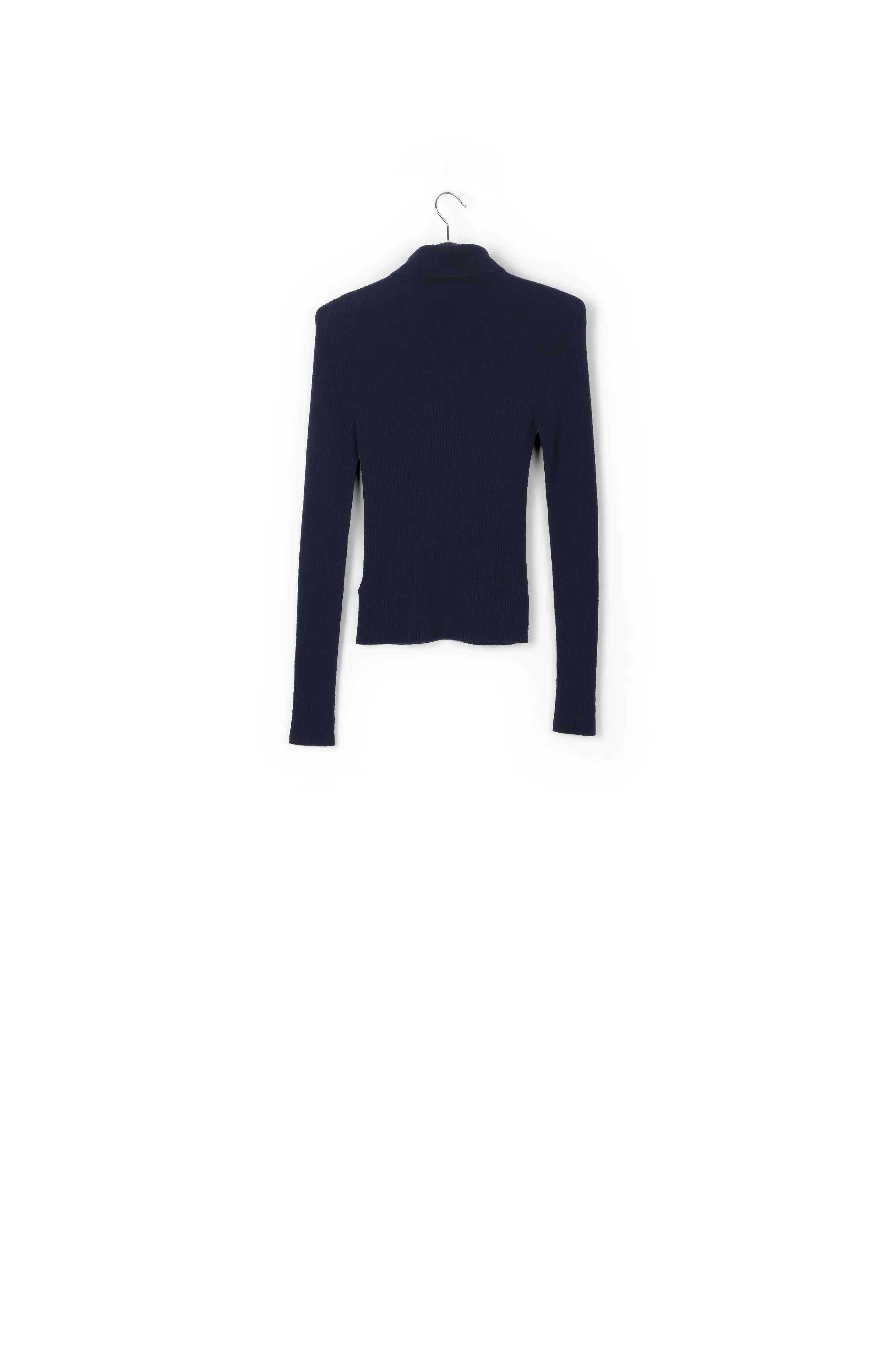Dark blue merino wool ribbed turtleneck sweater