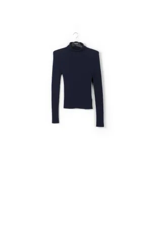 Dark blue merino wool ribbed turtleneck sweater