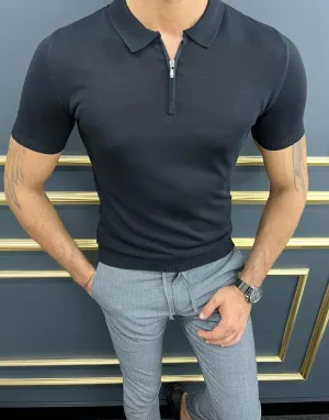 Enzo Black Slim Fit Zipper Polo T-Shirt